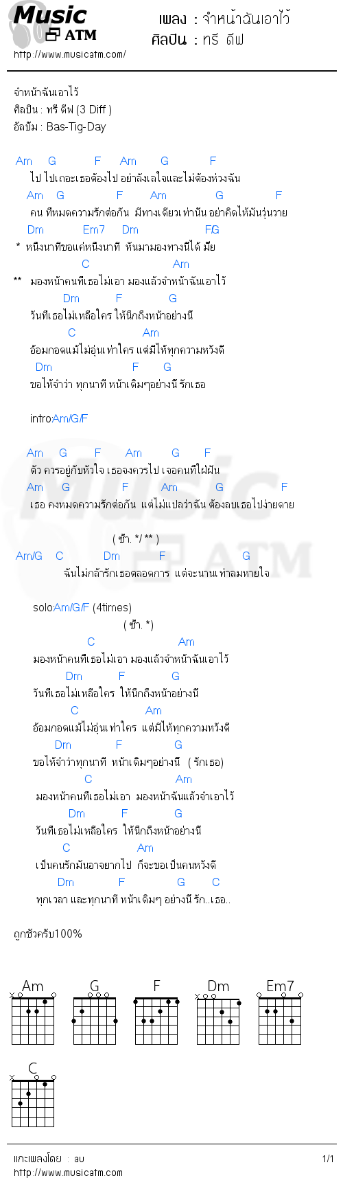 คอร์ดเพลง จำหน้าฉันเอาไว้