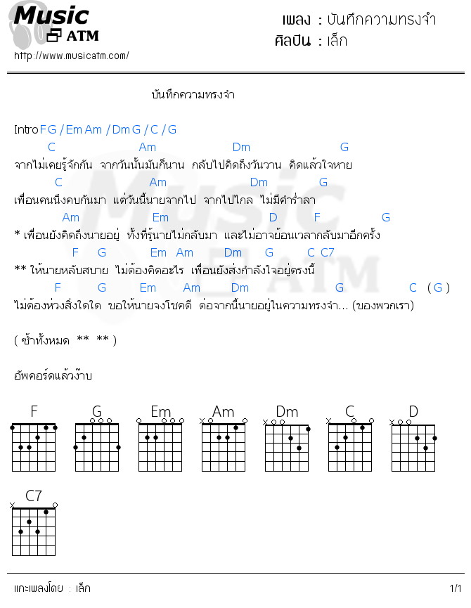 คอร์ดเพลง บันทึกความทรงจำ