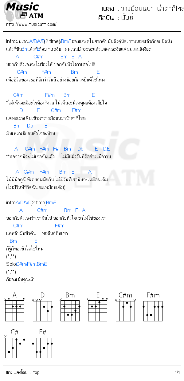 คอร์ดเพลง วางมือบนบ่า น้ำตาก็ไหล