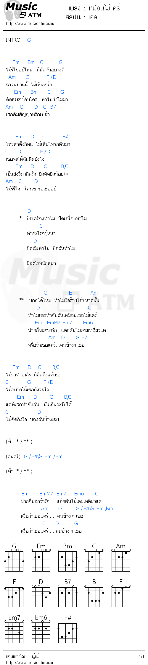 คอร์ดเพลง เหมือนไม่แคร์