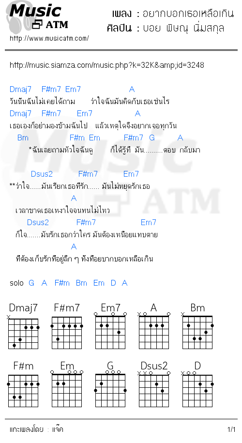 คอร์ดเพลง อยากบอกเธอเหลือเกิน