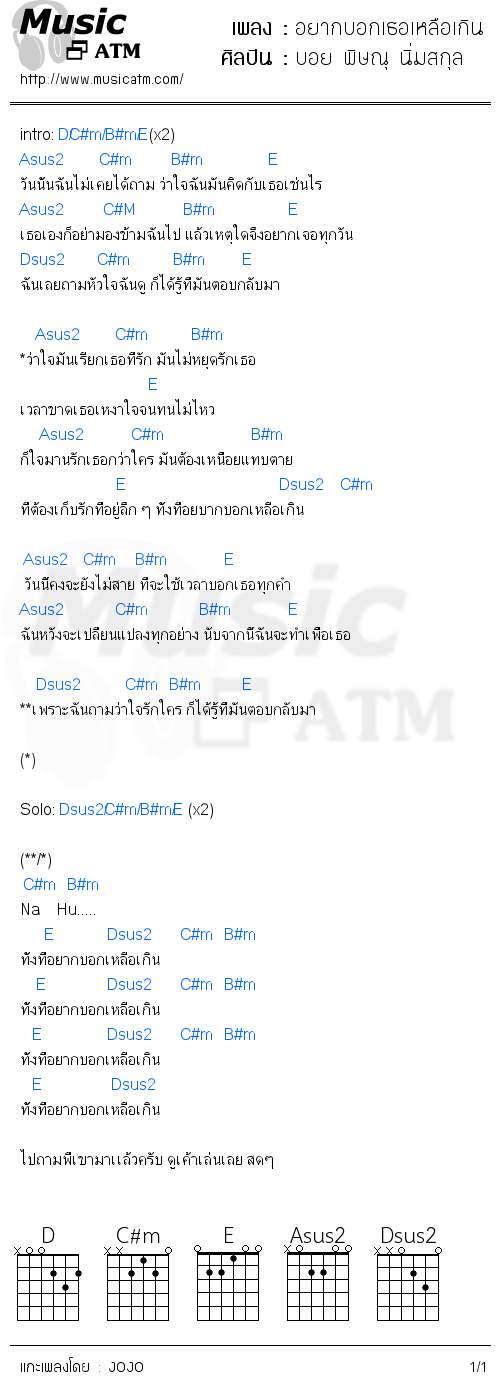 คอร์ดเพลง อยากบอกเธอเหลือเกิน