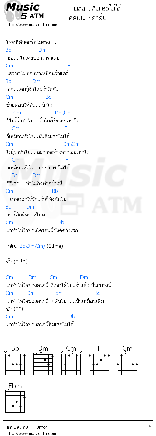 คอร์ดเพลง ลืมเธอไม่ได้