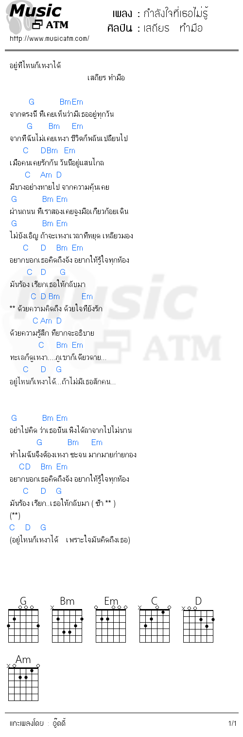 คอร์ดเพลง กำลังใจที่เธอไม่รู้