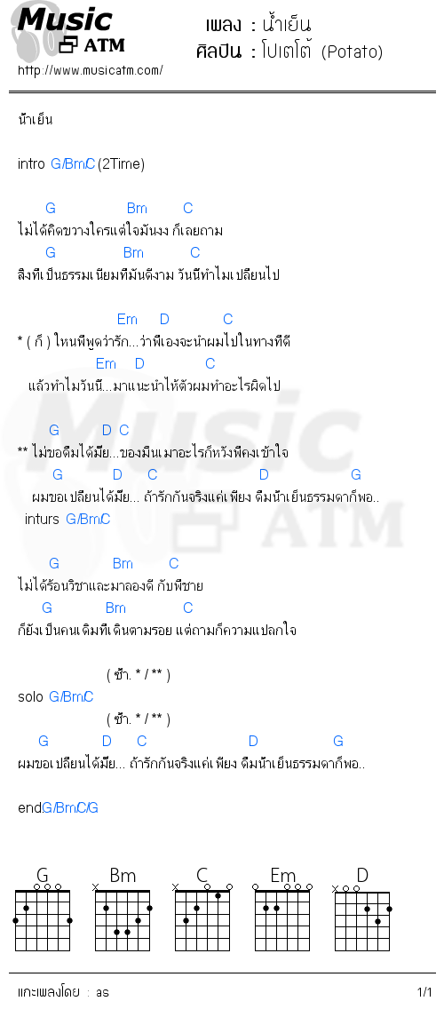 คอร์ดเพลง น้ำเย็น