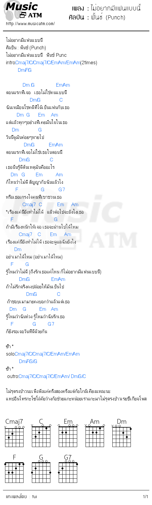 คอร์ดเพลง ไม่อยากมีแฟนแบบนี้