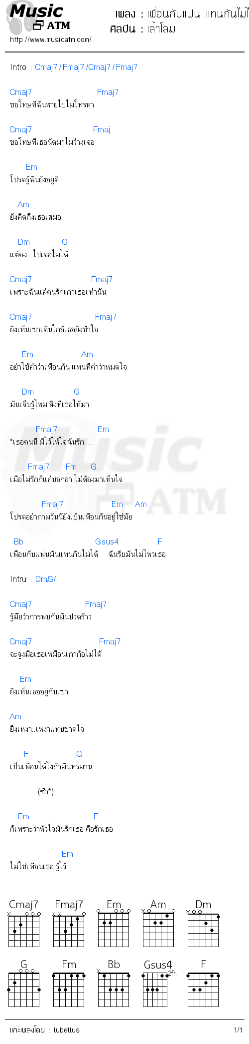 คอร์ดเพลง เพื่อนกับแฟน แทนกันไม่ได้