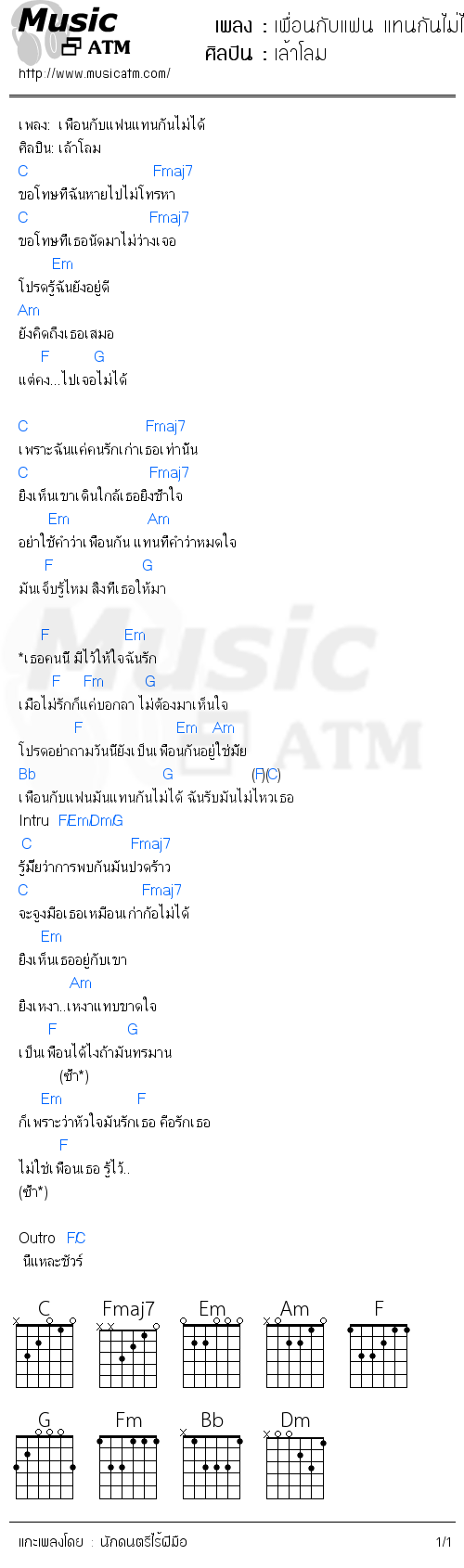 คอร์ดเพลง เพื่อนกับแฟน แทนกันไม่ได้