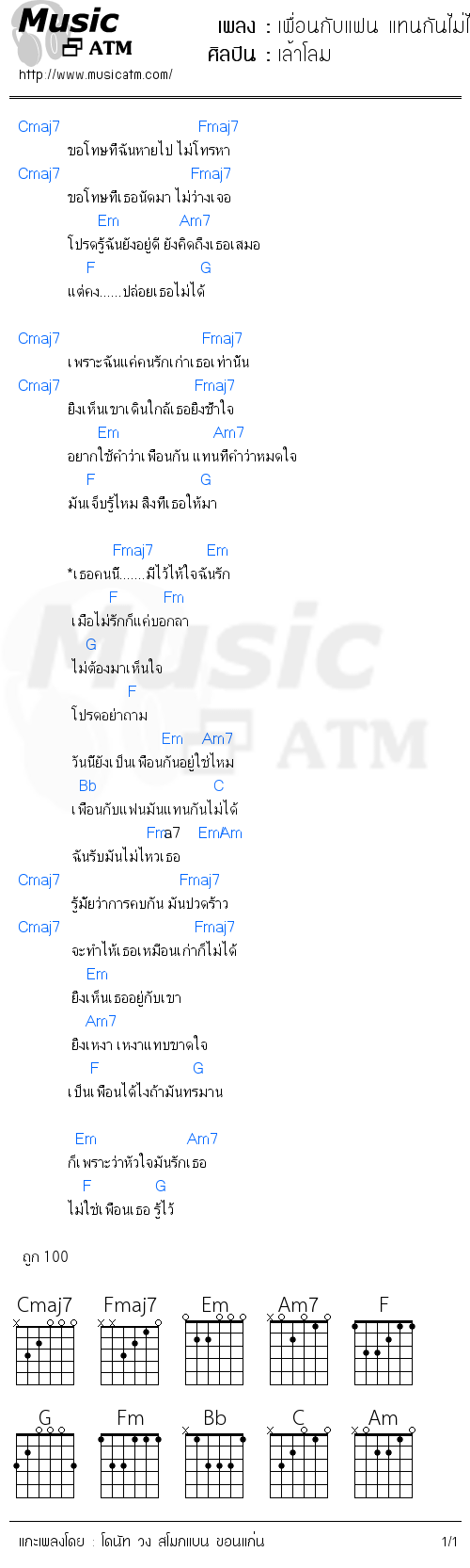 คอร์ดเพลง เพื่อนกับแฟน แทนกันไม่ได้