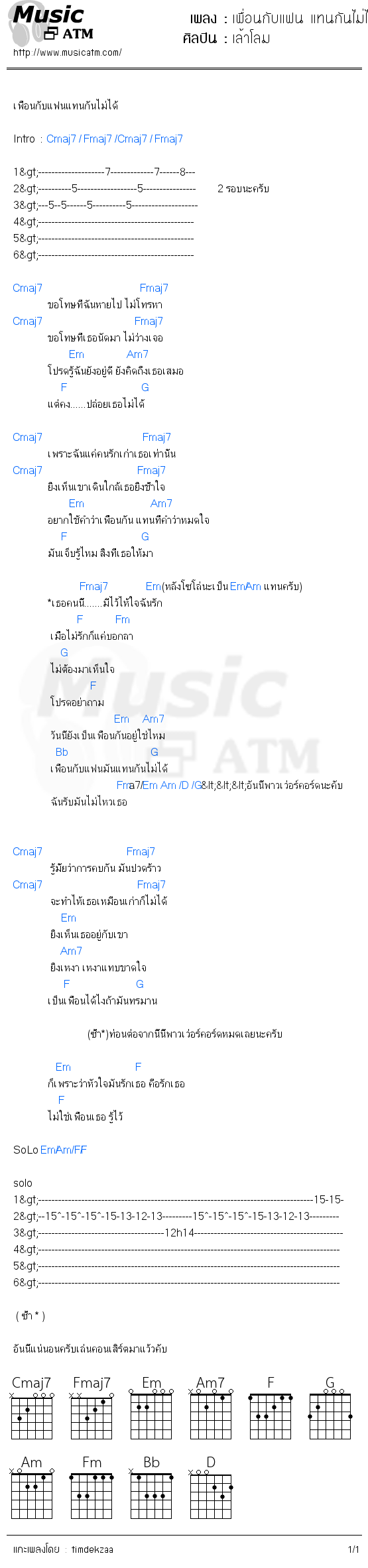 คอร์ดเพลง เพื่อนกับแฟน แทนกันไม่ได้