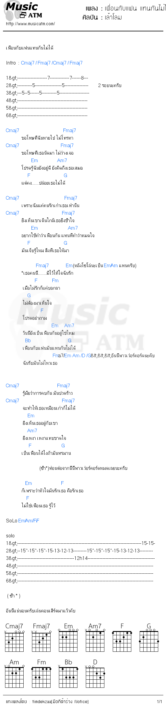 คอร์ดเพลง เพื่อนกับแฟน แทนกันไม่ได้