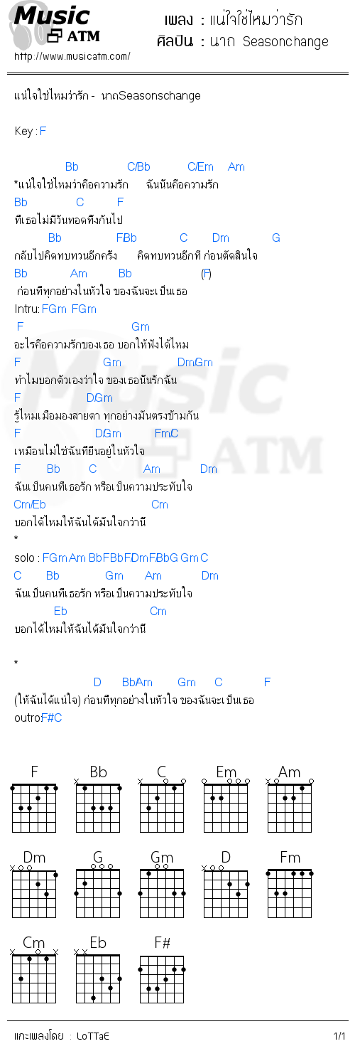 คอร์ดเพลง แน่ใจใช่ไหมว่ารัก