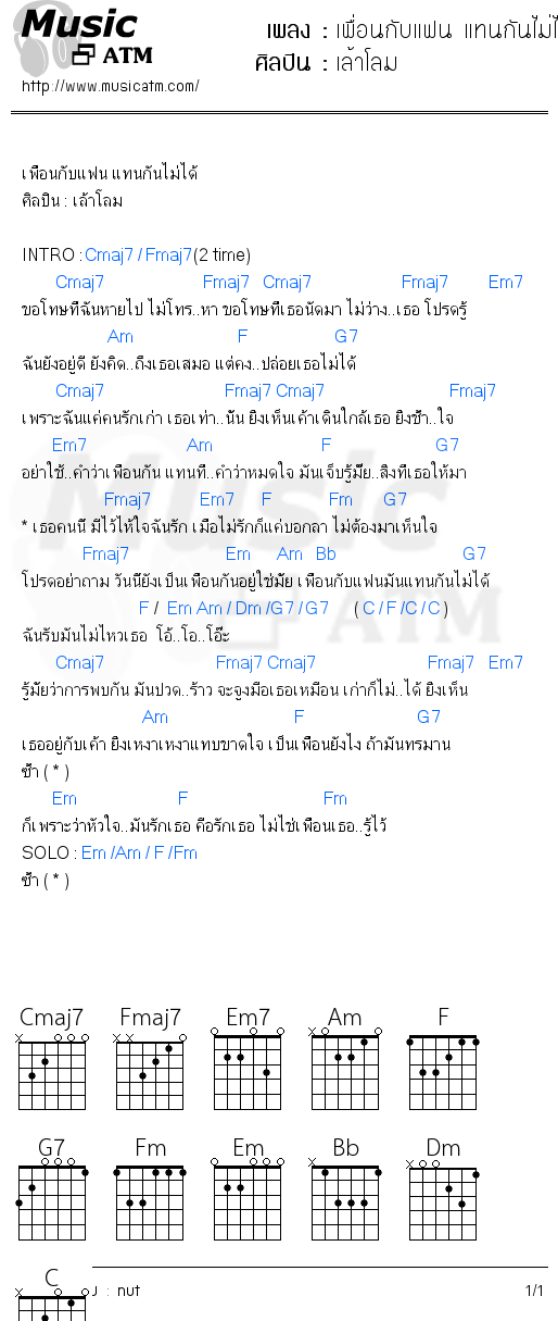 คอร์ดเพลง เพื่อนกับแฟน แทนกันไม่ได้