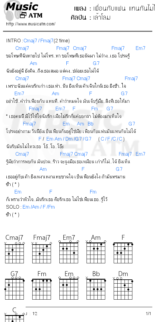 คอร์ดเพลง เพื่อนกับแฟน แทนกันไม่ได้