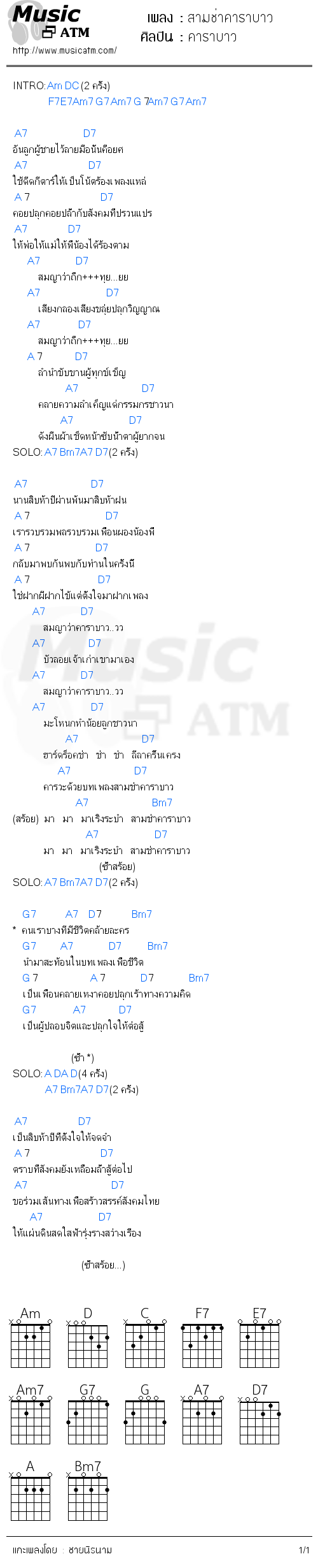 คอร์ดเพลง สามช่าคาราบาว