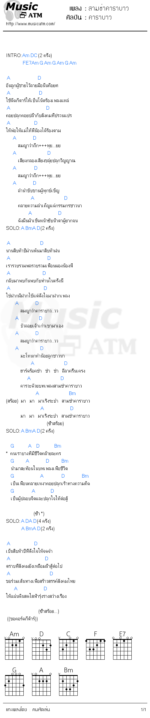 คอร์ดเพลง สามช่าคาราบาว