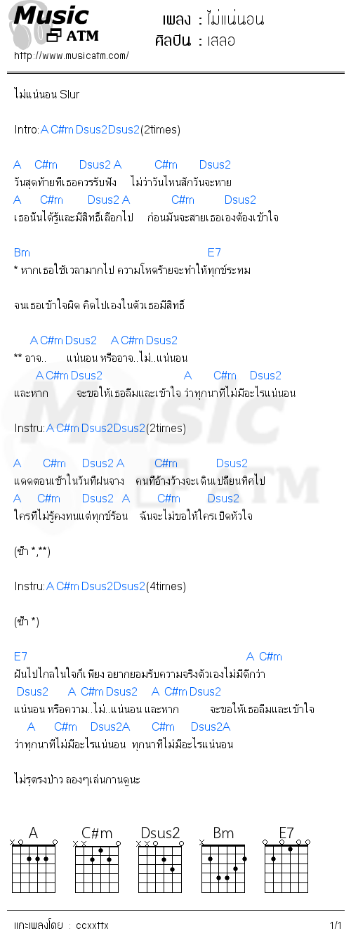 คอร์ดเพลง ไม่แน่นอน