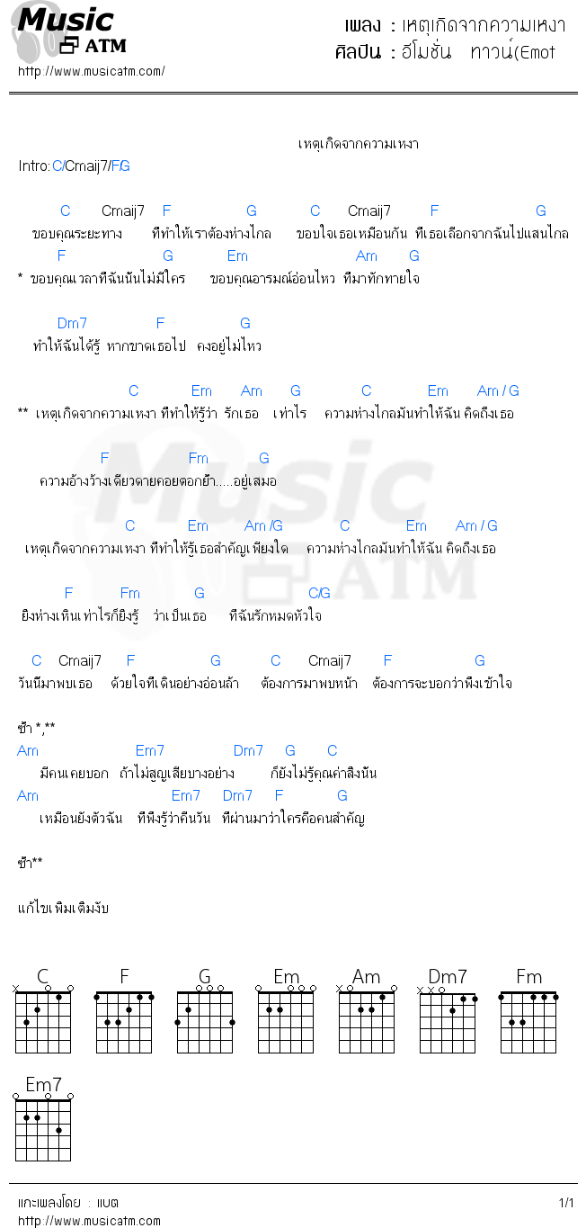 คอร์ดเพลง เหตุเกิดจากความเหงา