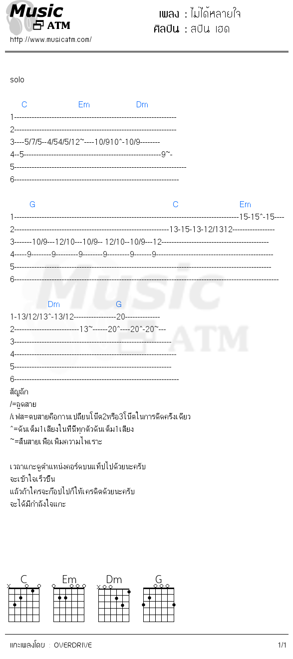 คอร์ดเพลง ไม่ได้หลายใจ