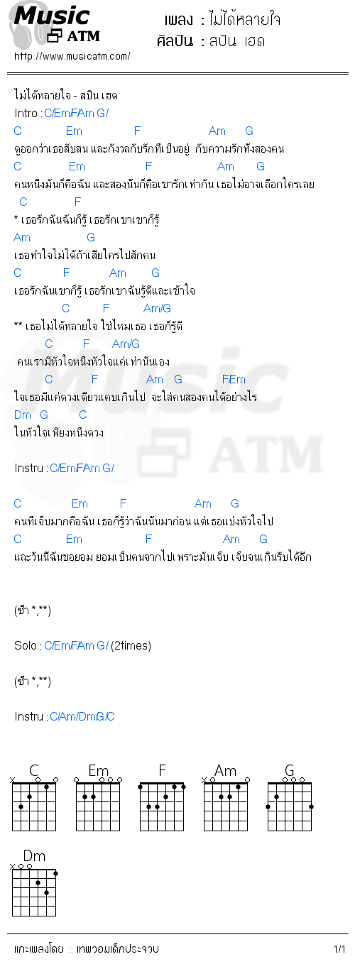 คอร์ดเพลง ไม่ได้หลายใจ