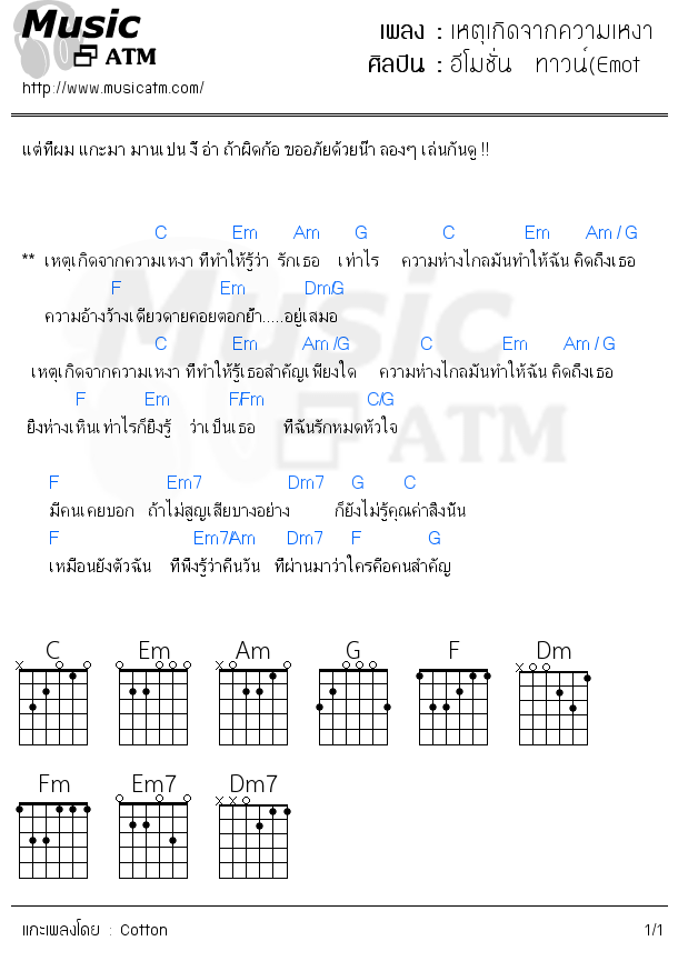 คอร์ดเพลง เหตุเกิดจากความเหงา