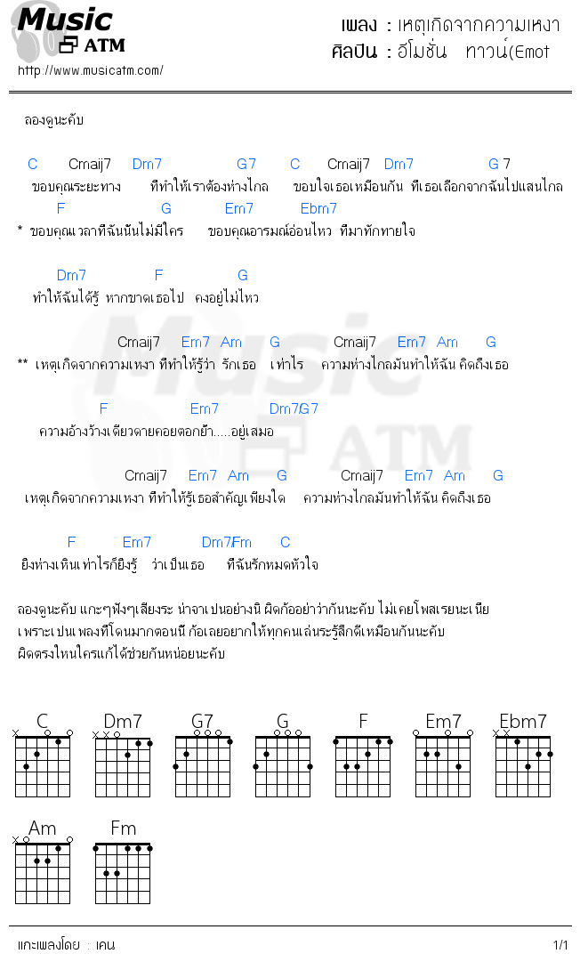 คอร์ดเพลง เหตุเกิดจากความเหงา