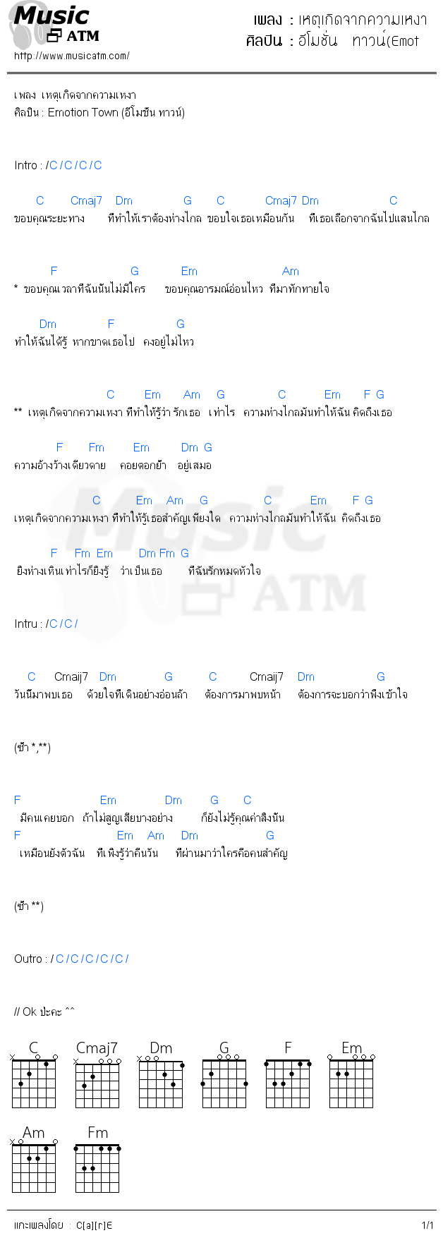 คอร์ดเพลง เหตุเกิดจากความเหงา