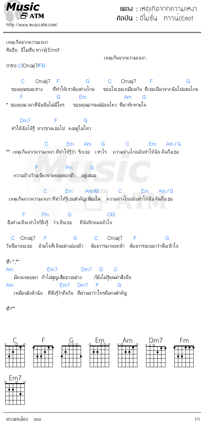 คอร์ดเพลง เหตุเกิดจากความเหงา