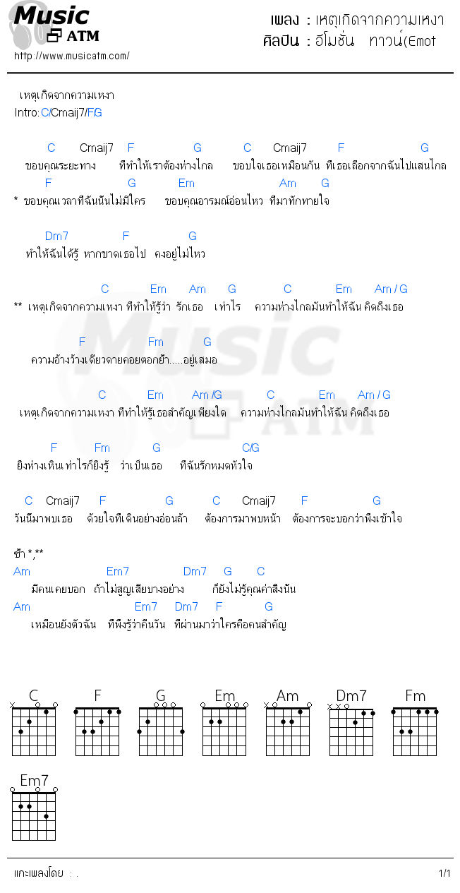 คอร์ดเพลง เหตุเกิดจากความเหงา