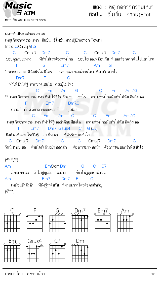 คอร์ดเพลง เหตุเกิดจากความเหงา