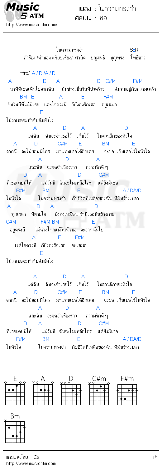 คอร์ดเพลง ในความทรงจำ