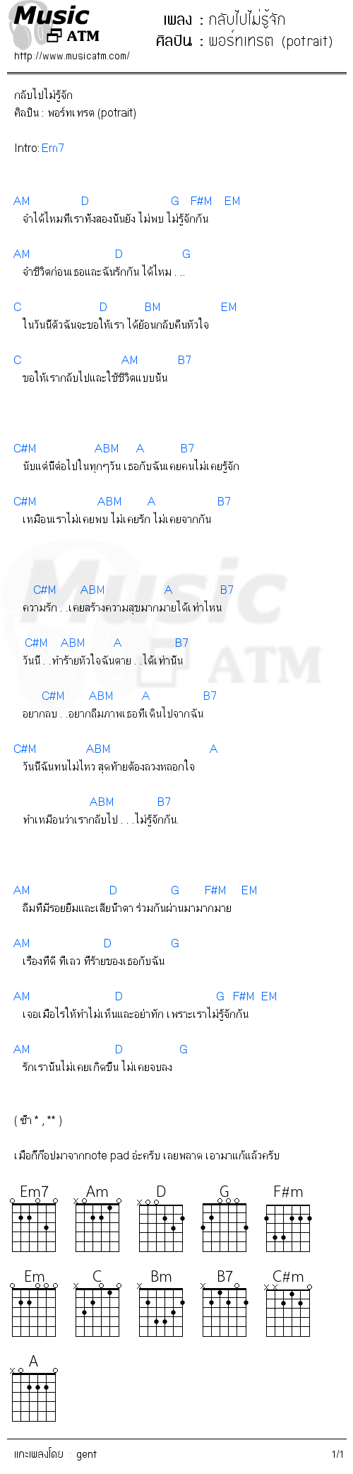 คอร์ดเพลง กลับไปไม่รู้จัก