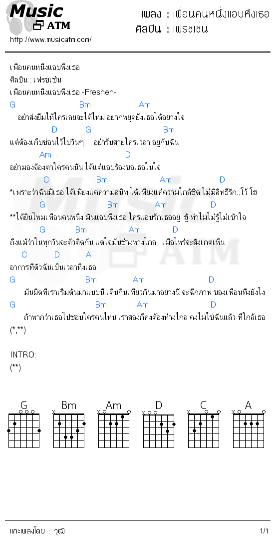 คอร์ดเพลง เพื่อนคนหนึ่งแอบหึงเธอ