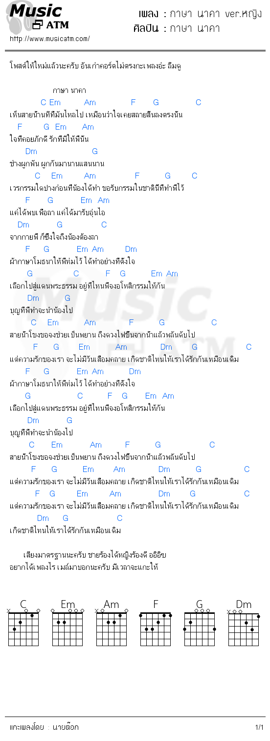 คอร์ดเพลง กาษา นาคา ver.หญิง