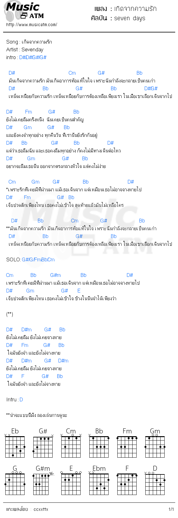 คอร์ดเพลง เกิดจากความรัก