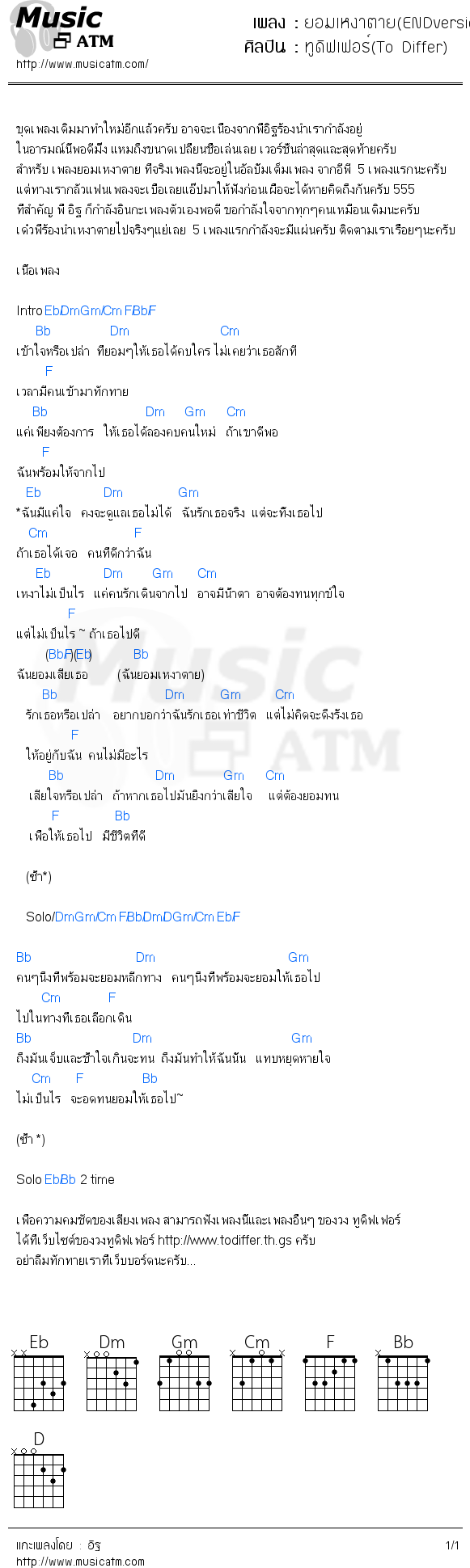 คอร์ดเพลง ยอมเหงาตาย(ENDversion)