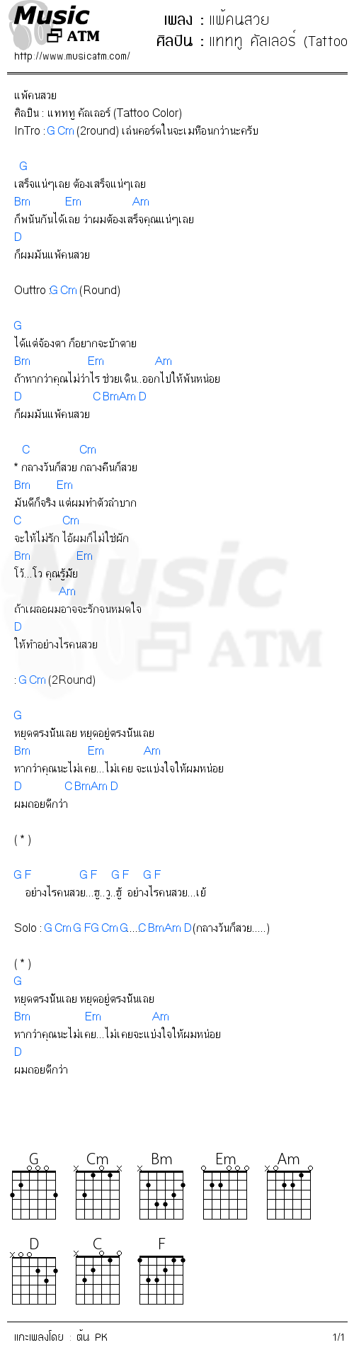 คอร์ดเพลง แพ้คนสวย