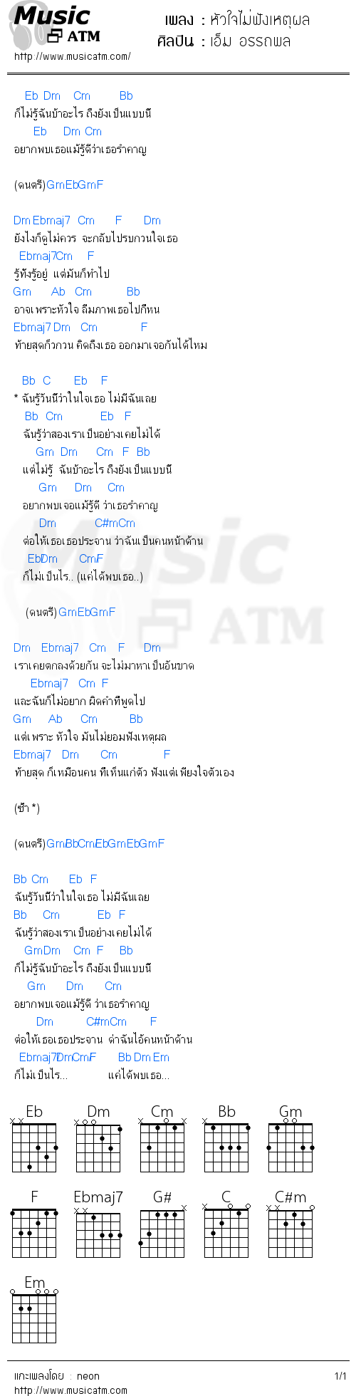 คอร์ดเพลง หัวใจไม่ฟังเหตุผล