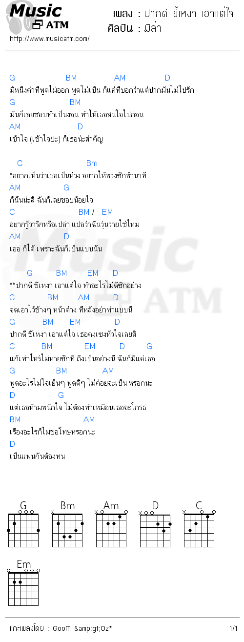 คอร์ดเพลง ปากดี ขี้เหงา เอาแต่ใจ