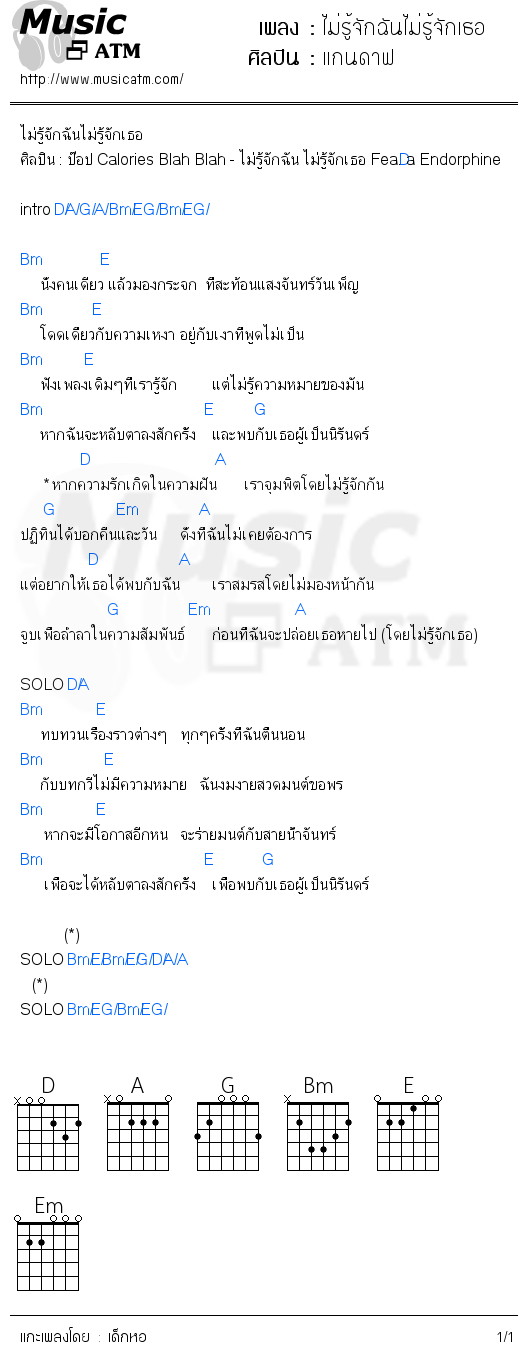 คอร์ดเพลง ไม่รู้จักฉันไม่รู้จักเธอ