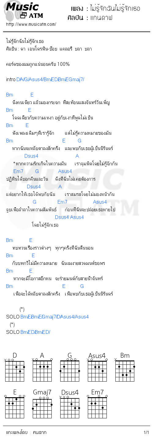 คอร์ดเพลง ไม่รู้จักฉันไม่รู้จักเธอ