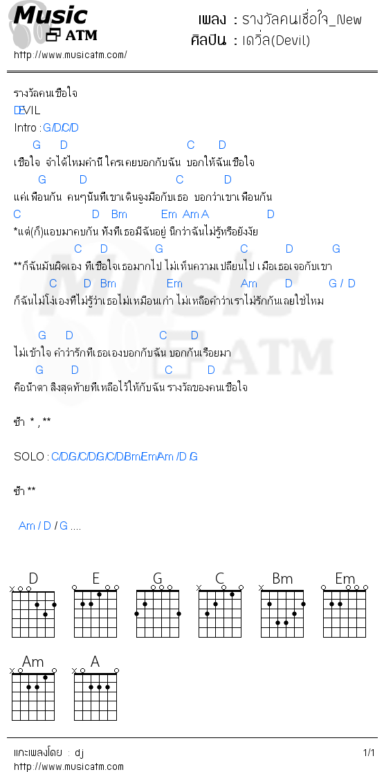 คอร์ดเพลง รางวัลคนเชื่อใจ_New