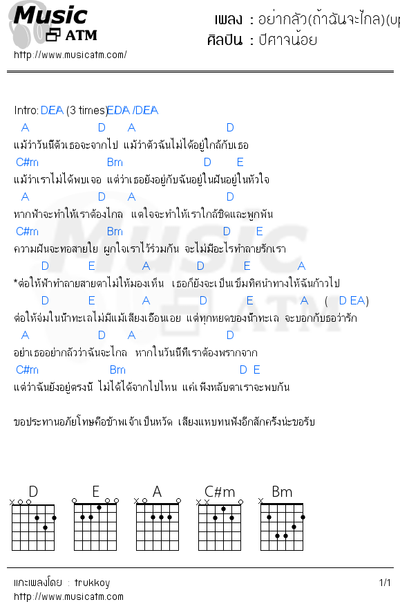 คอร์ดเพลง อย่ากลัว(ถ้าฉันจะไกล)(update)