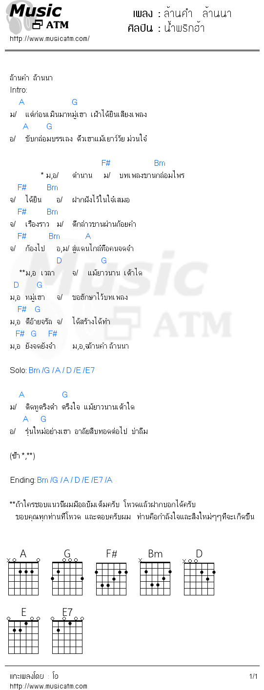 คอร์ดเพลง ล้านคำ  ล้านนา