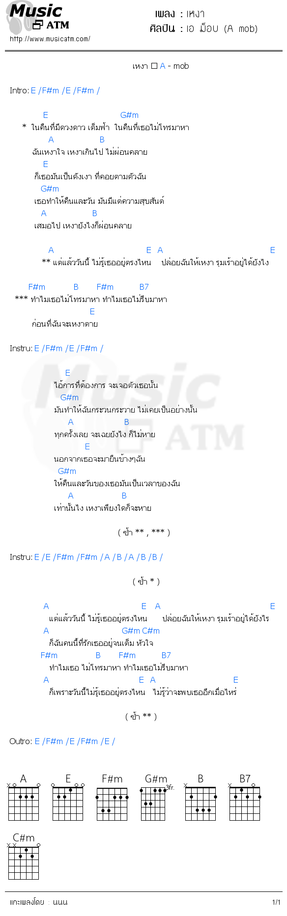 คอร์ดเพลง เหงา