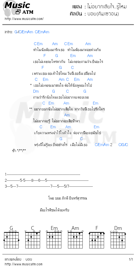 คอร์ดเพลง ไม่อยากเสียใจ..รู้ไหม