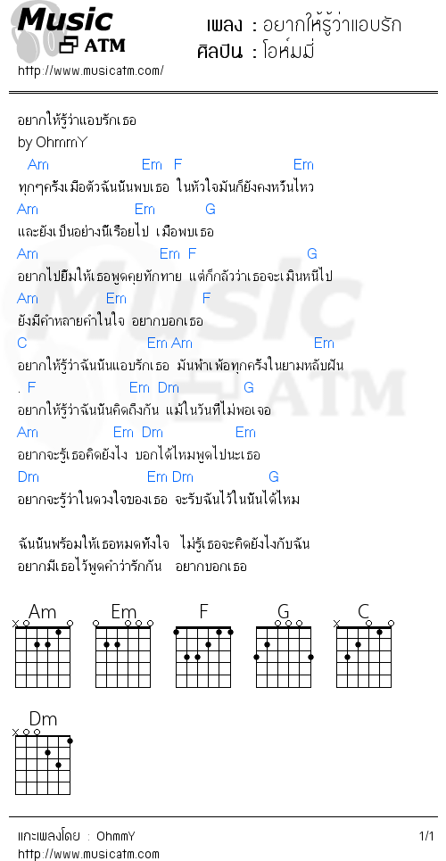 คอร์ดเพลง อยากให้รู้ว่าแอบรัก