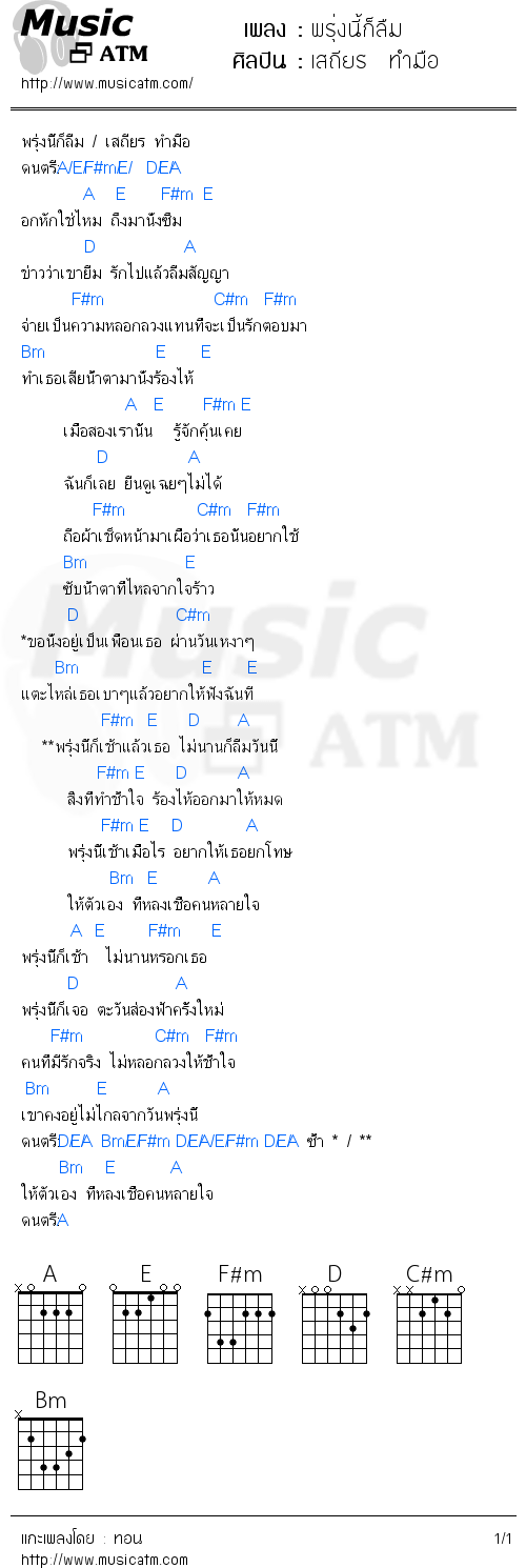 คอร์ดเพลง พรุ่งนี้ก็ลืม