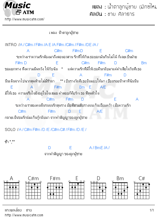 คอร์ดเพลง น้ำตาลูกผู้ชาย (มิกซ์ใหม่)