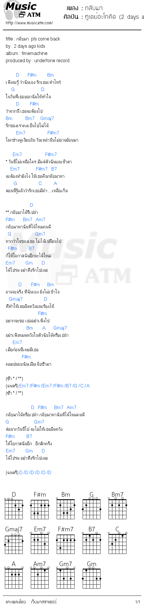 คอร์ดเพลง กลับมา